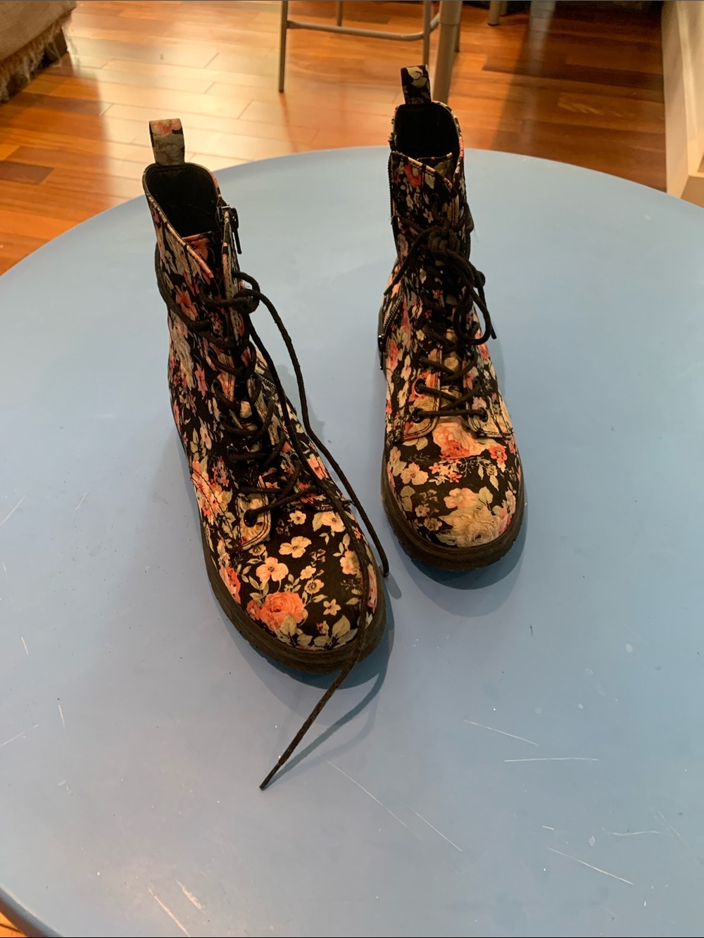 Women's Black Floral Lace-Up Combat Boots